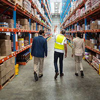 people walking through a warehouse