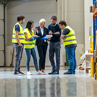 a group of warehouse workers are discussing something in a warehouse