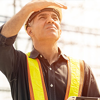 an engineer squinting at the sun looking up