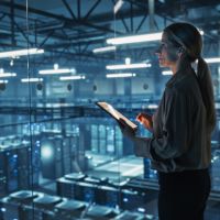 woman with tablet with warehouse behind her