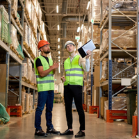2 men discussing something in a warehouse