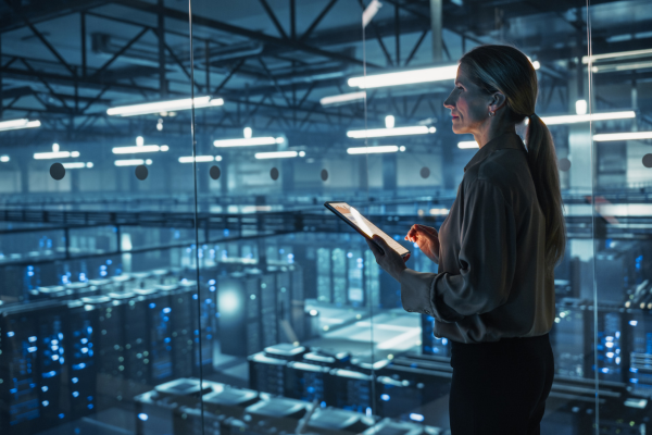 woman with data on tablet with warehouse behind her