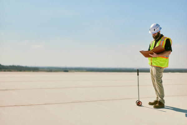 centimark representative taking inspection notes on a roof